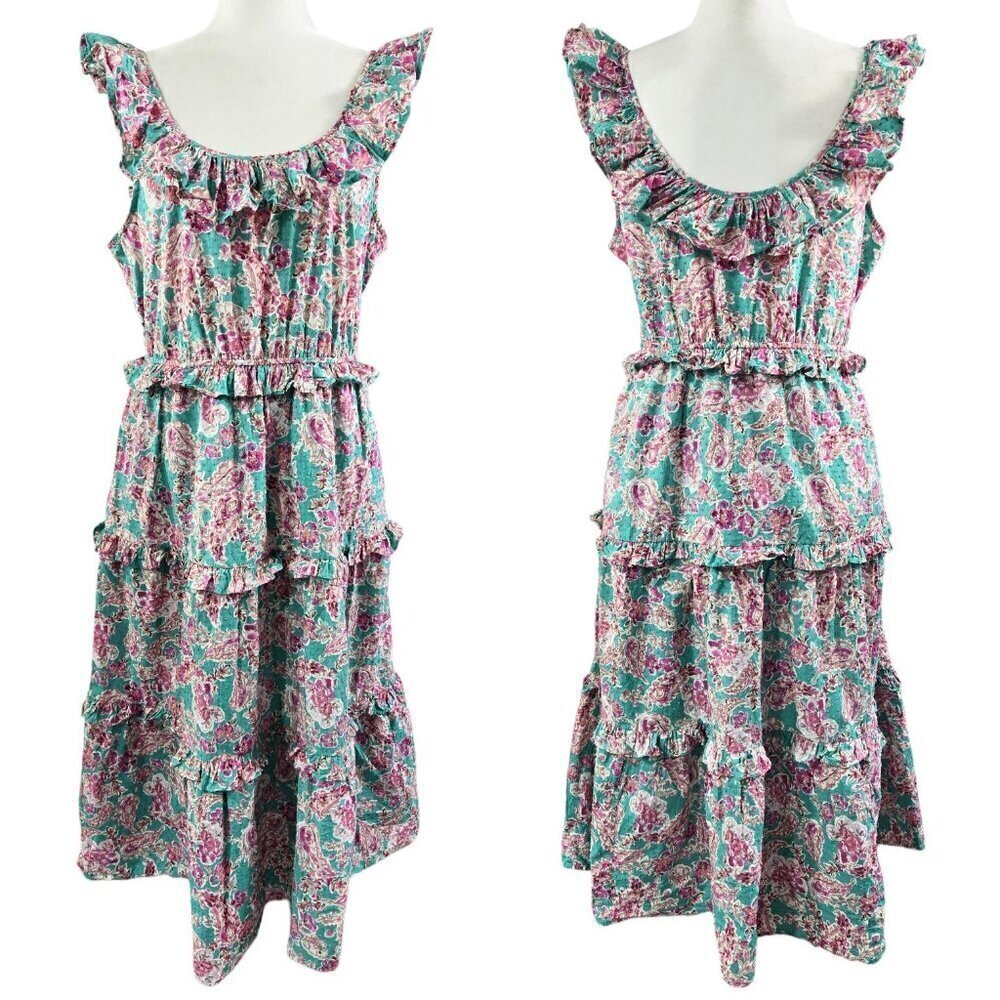 J. Crew Green Pink Floral Swiss Dot Tiered Ruffle Midi Dress Romantic BZ795